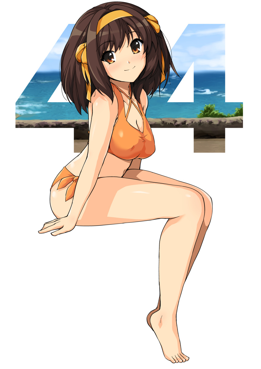 1girl absurdres bangs bikini breasts brown_eyes brown_hair eyebrows_visible_through_hair hair_ornament hairband haruhisky highres medium_breasts medium_hair orange_bikini shiny shiny_hair shiny_skin simple_background solo suzumiya_haruhi suzumiya_haruhi_no_yuuutsu swimsuit yellow_hairband