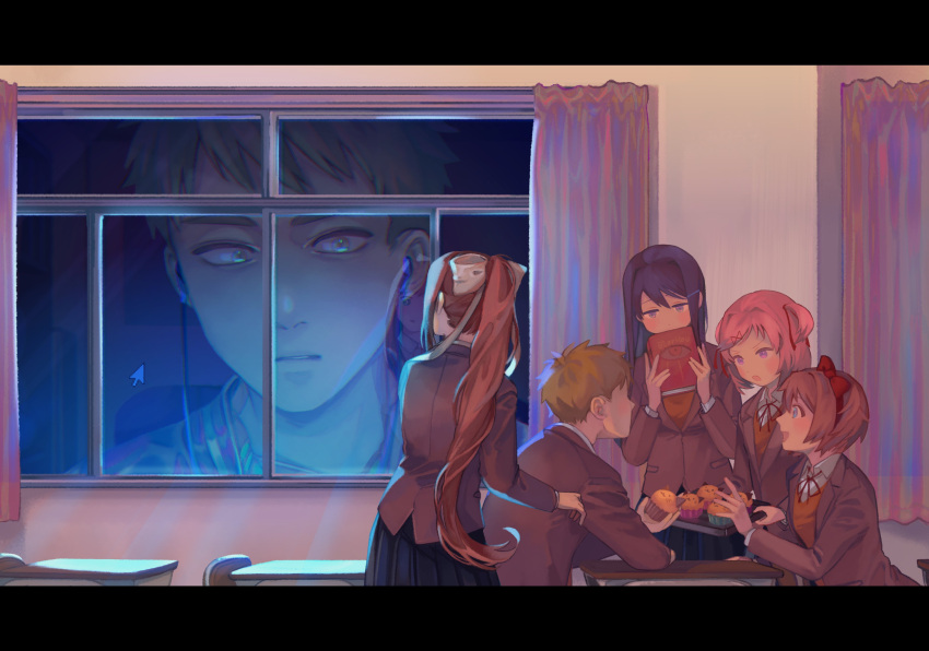 2boys 4girls absurdres bangs black_skirt blazer book bow brown_hair brown_jacket classroom collared_shirt commentary_request cowboy_shot cursor curtains desk doki_doki_literature_club earphones faceless faceless_male food hair_bow hair_ornament hair_ribbon hairclip highres hitsuji123_zzz holding holding_book holding_food holding_tray jacket letterboxed long_sleeves looking_at_another monika_(doki_doki_literature_club) muffin multiple_boys multiple_girls natsuki_(doki_doki_literature_club) neck_ribbon pink_hair pleated_skirt ponytail protagonist_(doki_doki_literature_club) purple_hair red_ribbon reflection ribbon sayori_(doki_doki_literature_club) school_desk shirt short_hair sitting skirt tray two_side_up v-shaped_eyebrows violet_eyes white_bow white_shirt window yuri_(doki_doki_literature_club)