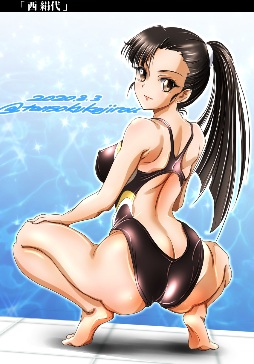 1girl absurdres alternate_hairstyle ass asymmetrical_bangs back back_cutout bangs barefoot black_hair black_swimsuit brown_eyes butt_crack character_name closed_mouth clothing_cutout commentary competition_swimsuit dated from_behind girls_und_panzer hair_tie hair_up hand_on_own_knee highres long_hair looking_at_viewer looking_back medium_hair nishi_kinuyo one-piece_swimsuit ponytail pool smile solo squatting straight_hair swimsuit tomokoji translated twitter_username