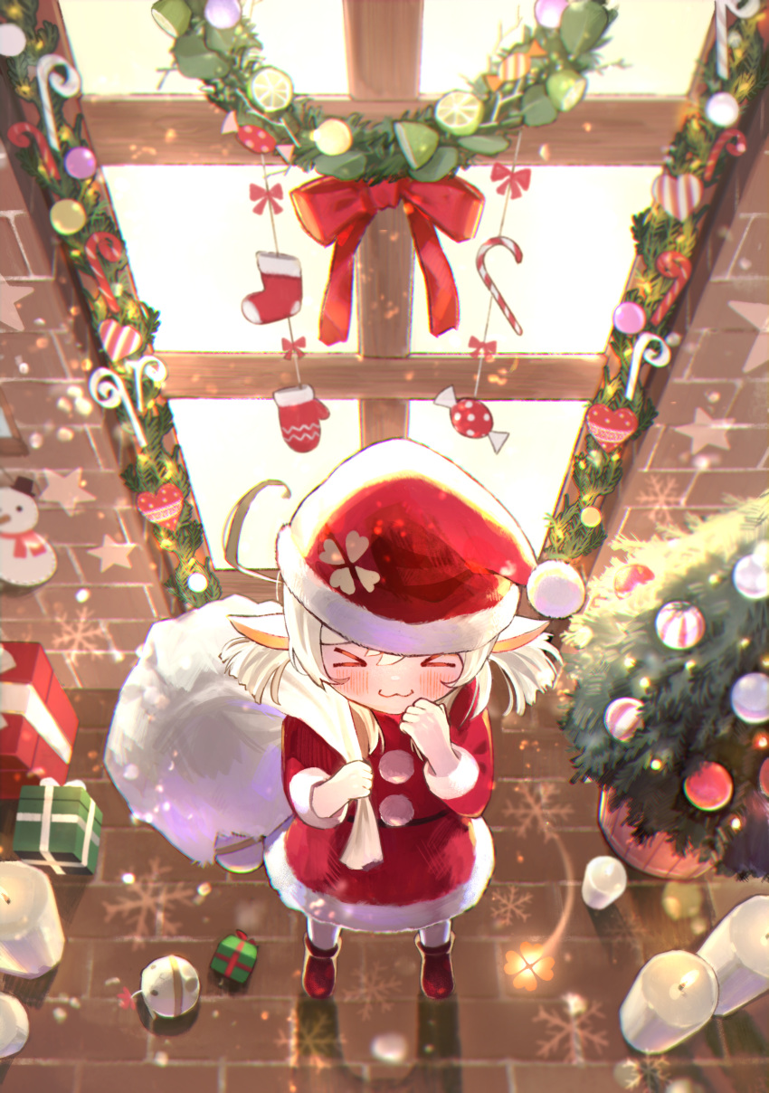 &gt;_&lt; 1girl :3 absurdres ahoge bangs blush boots candle candy candy_cane christmas christmas_lights christmas_ornaments christmas_tree closed_eyes dress food fuzzy_tan genshin_impact gift hair_between_eyes hat heart highres huge_filesize klee_(genshin_impact) long_hair long_sleeves looking_at_viewer low_twintails mittens ornament red_dress red_headwear red_ribbon ribbon santa_boots santa_costume santa_hat shiny snowflakes snowman star_(symbol) stocking_stuffer twintails window