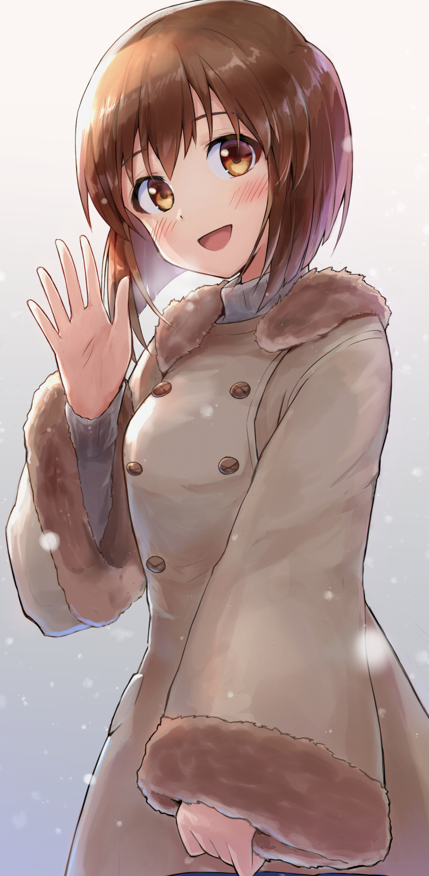 1girl absurdres blush bob_cut brown_eyes brown_hair coat hagiwara_yukiho hand_up highres idolmaster idolmaster_million_live! idolmaster_million_live!_theater_days open_mouth smile snow solo syuichi wide_sleeves winter_clothes