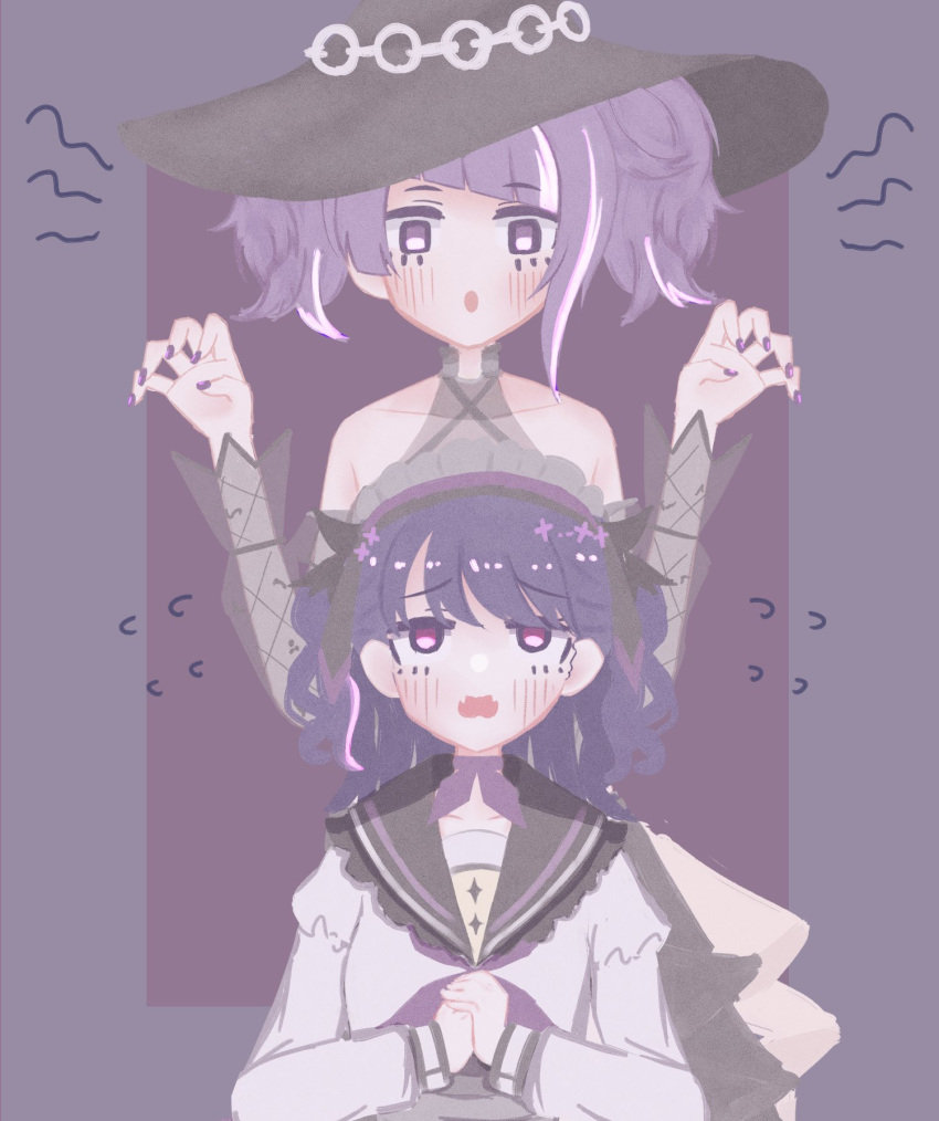 2girls artist_request bangs bare_shoulders black_hair commentary_request diagonal_bangs fangs fukumaru_koito hat highres idolmaster idolmaster_shiny_colors long_hair multiple_girls purple_hair purple_nails sailor_collar short_hair skin_fangs tanaka_mamimi twintails violet_eyes witch_hat