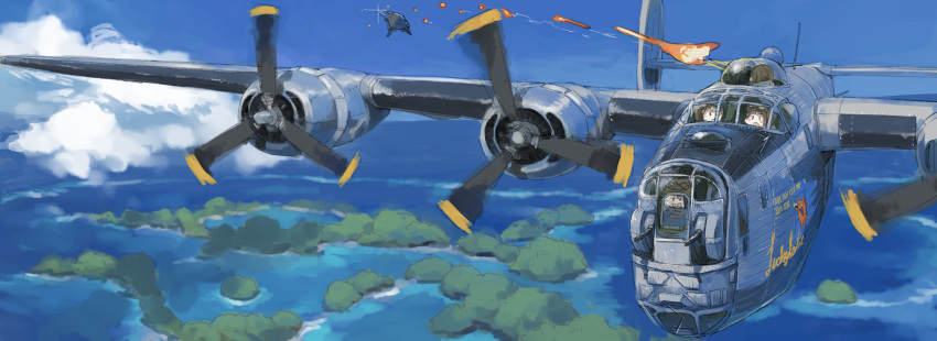 4girls absurdres aircraft airplane b-24_liberator ball_turret blue_sky blush bomber clouds enemy_aircraft_(kantai_collection) engine fairy_(kantai_collection) gun highres island juraki_hakuaki kantai_collection machine_gun military military_vehicle minigirl multiple_girls nose_art ocean open_mouth propeller sky tracer_fire tree turret weapon wings