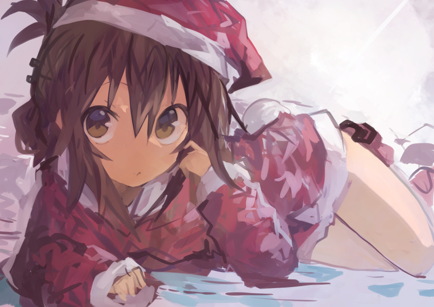 1girl absurdres bare_legs brown_eyes brown_hair closed_mouth folded_ponytail hair_between_eyes hat highres inazuma_(kantai_collection) kaamin_(mariarose753) kantai_collection long_hair long_sleeves looking_at_viewer lying on_stomach santa_costume santa_hat solo