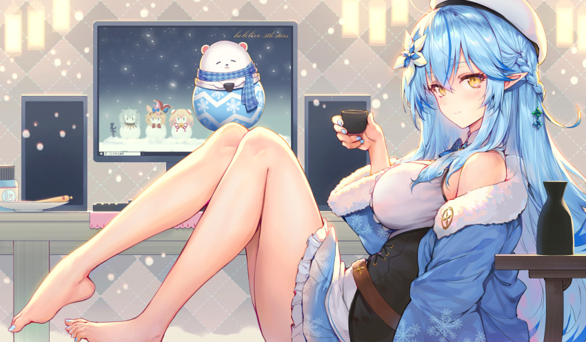 1girl ahoge bare_legs barefoot beret blue_coat blue_hair blue_nails blue_skirt blush bottle braid breasts closed_mouth coat commentary corset cup daifuku_(yukihana_lamy) eyebrows_visible_through_hair flower french_braid full_body fur-trimmed_coat fur_trim hair_between_eyes hair_flower hair_ornament haoni hat highres holding holding_cup hololive keyboard large_breasts light_blue_hair long_hair looking_at_viewer miniskirt monitor multicolored_hair nail_polish open_clothes open_coat patterned_background plate pointy_ears sake_bottle shirt sitting skirt sleeveless sleeveless_shirt smile snowflake_print streaked_hair symbol_commentary table teacup thighs toenail_polish two-tone_hair virtual_youtuber white_headwear white_shirt yellow_eyes yukihana_lamy