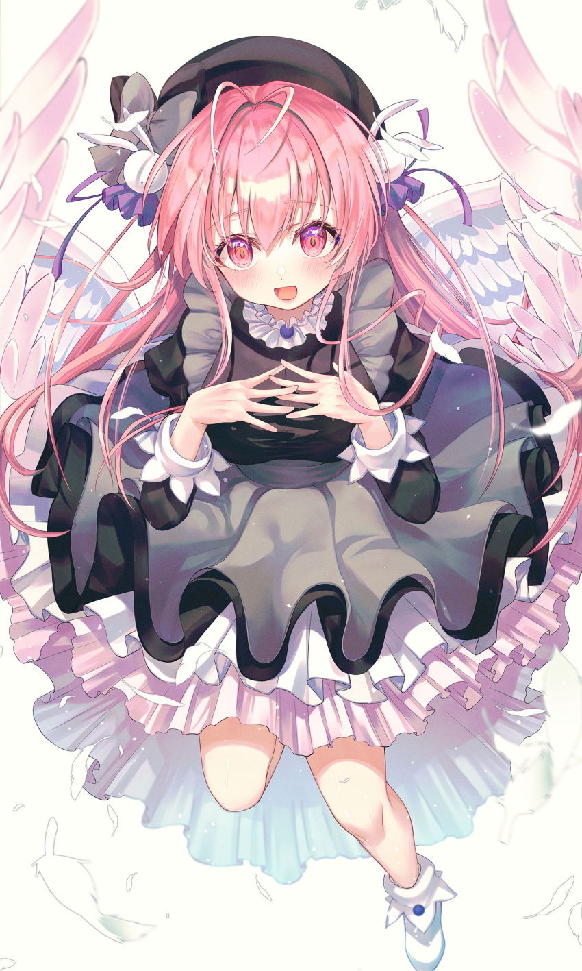 1girl :d absurdres angel angel_wings antenna_hair black_dress black_headwear blush bow breasts bunny_hair_ornament commentary dress feathers frilled_dress frills from_above full_body grey_bow hair_bow hair_ornament hat highres interlocked_fingers large_breasts leg_up liso long_hair long_sleeves looking_at_viewer misha_(pita_ten) open_mouth pink_eyes pink_hair pita_ten simple_background smile white_background white_footwear white_wings wings