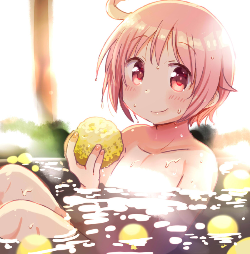 1girl ahoge bangs blurry blurry_background blush closed_mouth collarbone commentary_request convenient_censoring dripping eyebrows_visible_through_hair fingernails flat_chest food fruit highres holding holding_food holding_fruit light_censor looking_at_viewer nonohara_yuzuko nude object_namesake onsen outdoors partially_submerged petals petals_on_liquid pink_eyes pink_hair short_hair smile solo sunlight tatsunokosso water water_drop wet wet_hair yuyushiki yuzu_(fruit) yuzu_bath