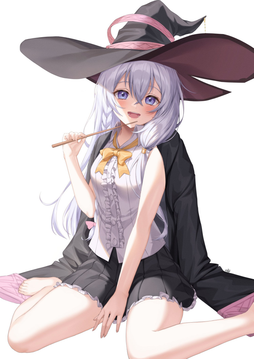 1girl :d bangs barefoot black_headwear black_robe black_skirt blue_eyes blush bow bowtie braid breasts center_frills crossed_bangs elaina_(majo_no_tabitabi) foot_out_of_frame frills hair_between_eyes hat hat_ribbon highres holding holding_wand long_hair looking_at_viewer majo_no_tabitabi open_mouth pink_ribbon pleated_skirt ribbon shirt simple_background sitting skirt sleeveless sleeveless_shirt small_breasts smile solo wand wariza white_background white_shirt witch_hat xiho_(suna) yellow_bow yellow_neckwear