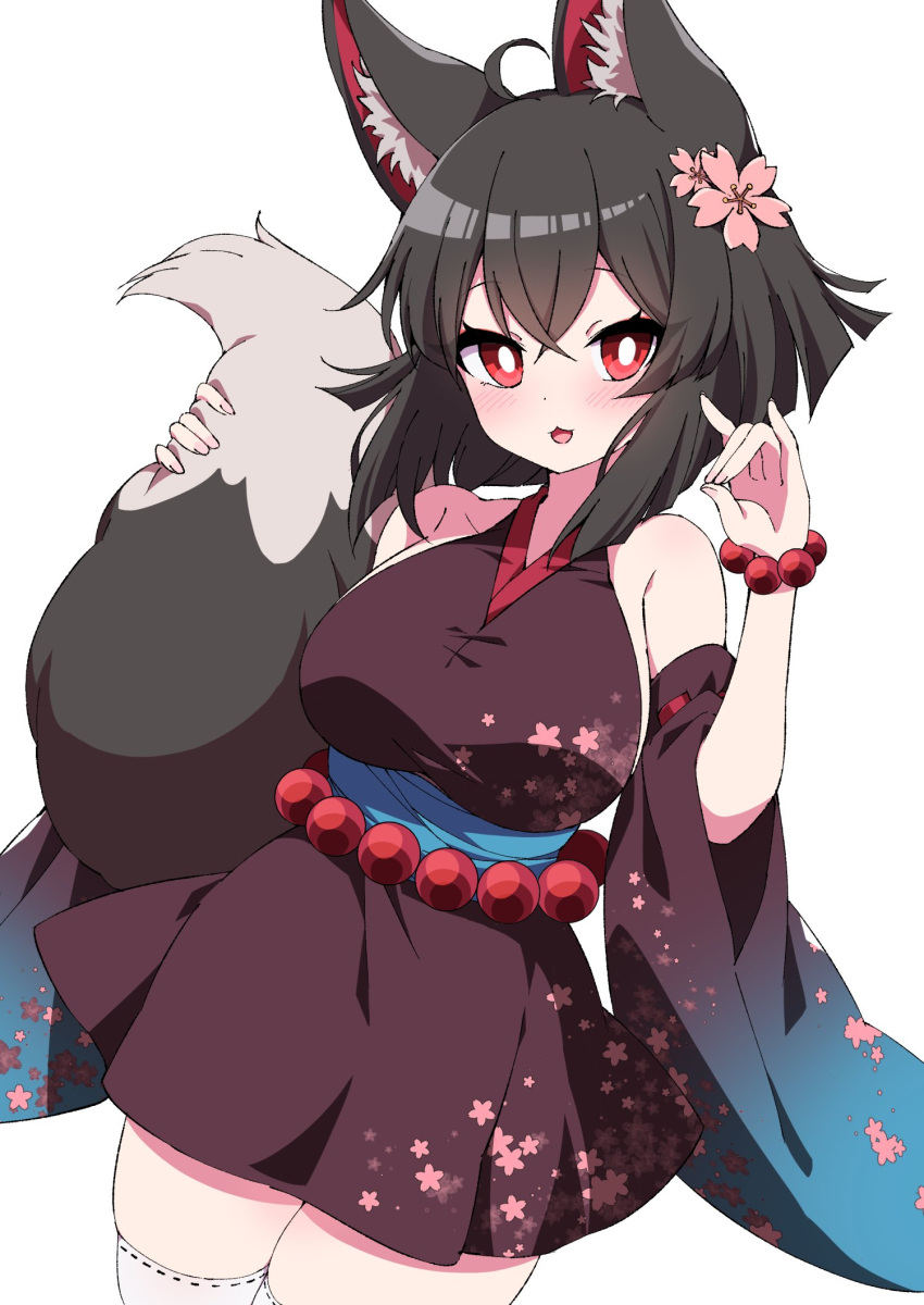 1girl animal_ear_fluff animal_ears bare_shoulders bead_belt bead_bracelet beads black_hair black_tail blush bracelet breasts commission detached_sleeves floral_print flower fox_ears fox_girl fox_shadow_puppet fox_tail hair_flower hair_ornament highres holding_tail jewelry looking_at_viewer original red_eyes short_hair simple_background skeb_commission solo tail tsukimirin