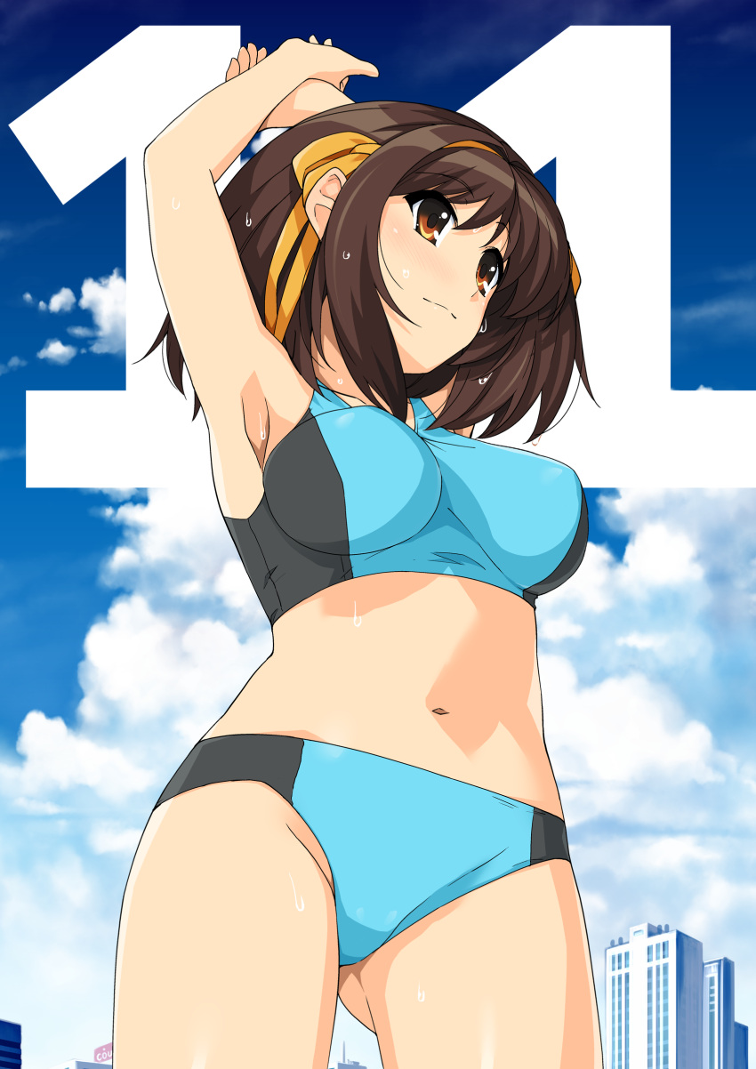 1girl absurdres armpits bangs brown_eyes brown_hair clouds cloudy_sky day eyebrows_visible_through_hair hair_ornament haruhisky highres navel outdoors shiny shiny_skin sky solo sports_bikini sports_bra stomach suzumiya_haruhi suzumiya_haruhi_no_yuuutsu