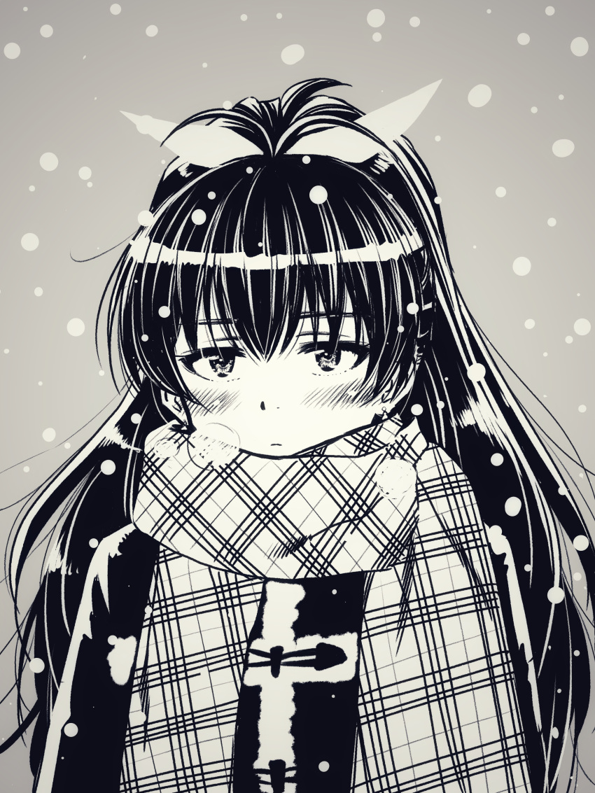 1girl absurdres antenna_hair bangs blush bow closed_mouth coat commentary_request duffel_coat earrings eyebrows_visible_through_hair ganaha_hibiki grey_background greyscale hair_between_eyes hair_bow high_ponytail highres idolmaster idolmaster_(classic) jewelry long_hair looking_at_viewer matcha_kingyo monochrome plaid plaid_scarf ponytail scarf shiny shiny_hair simple_background snowing solo upper_body winter_clothes