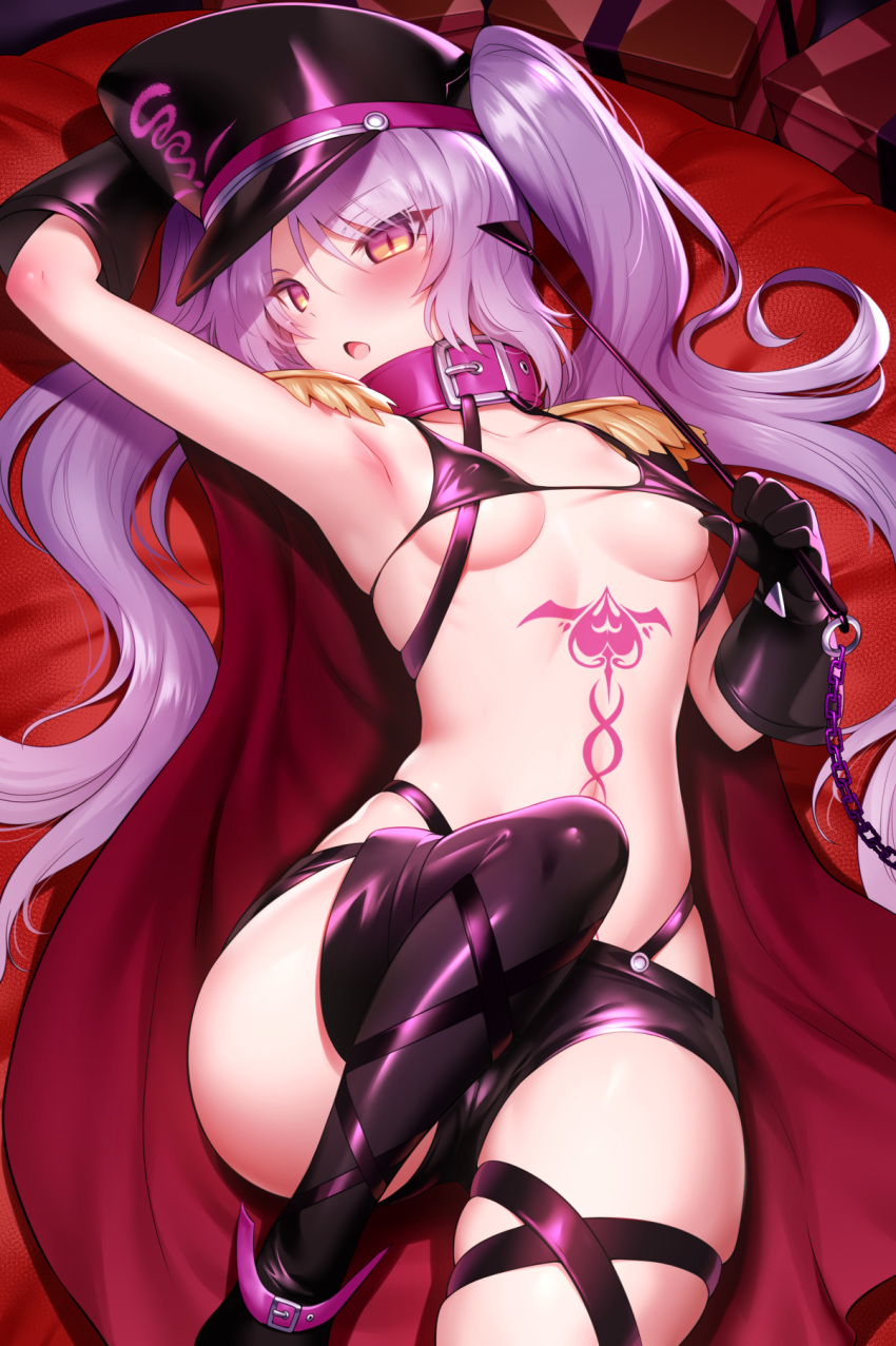 1girl bangs bare_shoulders bikini blush boots breasts breasts_apart cape chain collar collarbone epaulettes euryale fate/hollow_ataraxia fate_(series) gloves greyscale hat highres knee_up long_hair looking_at_viewer lying m-da_s-tarou micro_bikini monochrome navel on_back open_mouth peaked_cap riding_crop short_shorts shorts slit_pupils small_breasts stomach_tattoo swimsuit tattoo thigh-highs thigh_boots thighs twintails very_long_hair