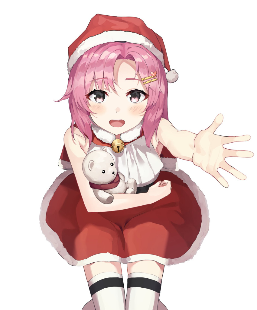 1girl :d bangs blush breasts dress eyebrows_visible_through_hair fur_trim hair_ornament hairclip hat heart heart_hair_ornament highres holding holding_stuffed_toy hwanhee knees_together_feet_apart leaning_forward looking_at_viewer medium_breasts open_mouth original outstretched_arm parted_bangs pink_eyes pink_hair pom_pom_(clothes) reaching_out red_dress red_headwear santa_hat simple_background smile solo standing stuffed_animal stuffed_toy teddy_bear upper_teeth white_background