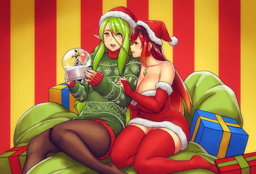 2girls absurdres borrowed_character breasts christmas christmas_present christmas_sweater clothes_around_waist elf erkaz gift green_sweater highres jewelry karinka_katyusha_(erkaz) large_breasts lily_(lele_hitam1) multiple_girls necklace original pantyhose pointy_ears red_eyes red_legwear red_lips ring sack santa_dress snow_globe sweater sweater_around_waist thigh-highs thighs wedding_band wife_and_wife yellow_eyes