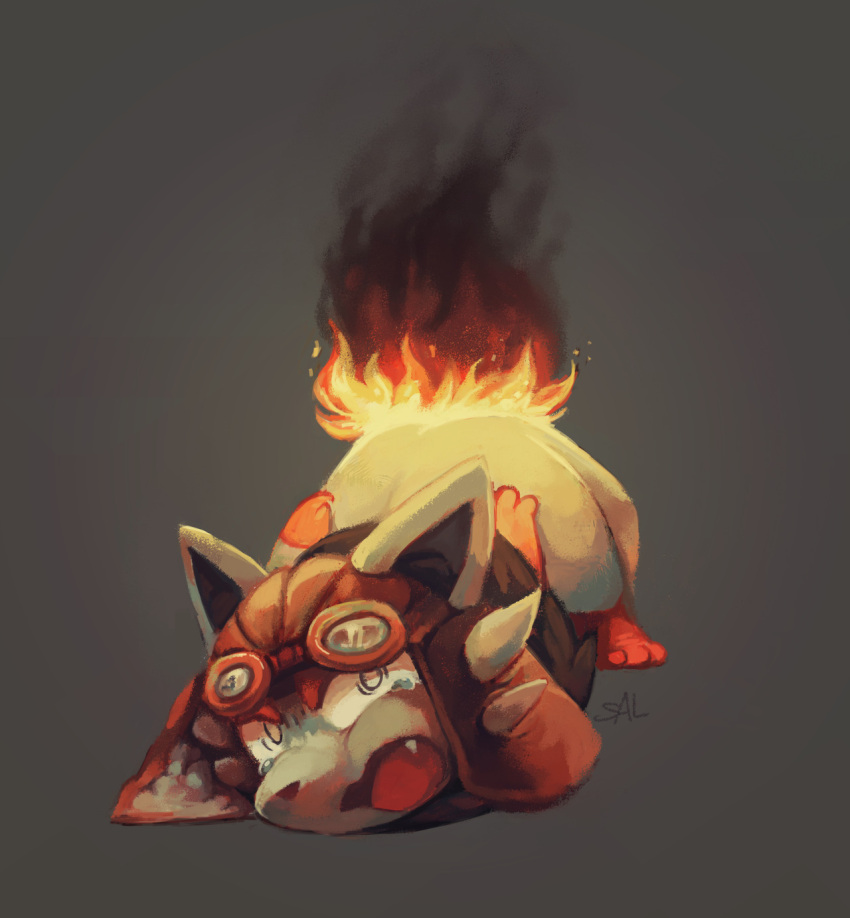 burning commentary commission creature crying english_commentary fangs fire full_body gen_5_pokemon grey_background highres looking_at_viewer no_humans open_mouth pokemon pokemon_(creature) salanchu simple_background smoke solo tears zorua