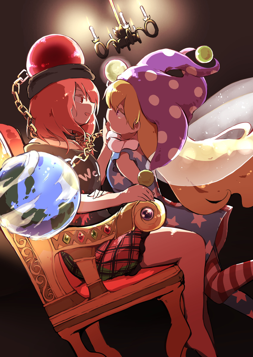 2girls absurdres acane_(cadd9_acane) american_flag_dress american_flag_legwear bare_shoulders black_background black_shirt blonde_hair candle chain chair chandelier clothes_writing clownpiece commentary_request dress earth_(ornament) eye_contact fairy_wings from_side hat hecatia_lapislazuli highres jester_cap long_hair looking_at_another multicolored multicolored_clothes multicolored_skirt multiple_girls neck_ruff off-shoulder_shirt off_shoulder pantyhose pink_eyes polka_dot polos_crown purple_headwear red_eyes redhead shirt short_dress simple_background sitting skirt sleeveless sleeveless_dress star_(symbol) striped t-shirt touhou transparent_wings very_long_hair wings yuri