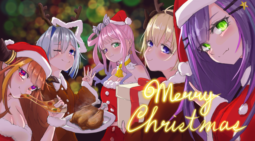5girls absurdres ahoge alternate_costume amane_kanata animal_costume antlers bangs bare_shoulders bell bell_collar blonde_hair blue_hair blunt_bangs blush bow box bright_pupils candy candy_hair_ornament cheese_trail christmas closed_mouth collar colored_inner_hair dragon_girl dragon_horns dress earrings eating eyebrows_visible_through_hair fang food food_themed_hair_ornament gift gift_box gradient_eyes green_eyes hair_ornament hair_rings hairclip halo hat heterochromia highlights highres himemori_luna holding holding_food holding_pizza hololive horns jewelry kiryuu_coco long_hair long_sleeves looking_at_viewer merry_christmas mini_hat mini_santa_hat multicolored multicolored_bow multicolored_eyes multicolored_hair multiple_girls one_eye_closed orange_hair pink_eyes pink_hair pizza pizza_slice pointing pointy_ears purple_hair red_dress red_eyes reindeer_antlers reindeer_costume santa_costume santa_hat silver_hair skin_fang smile streaked_hair tokoyami_towa tsunomaki_watame turkey turkey_(food) violet_eyes virtual_youtuber yo_na