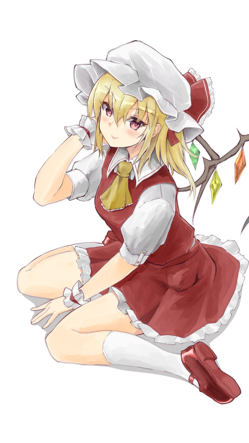 1girl absurdres ascot blonde_hair breasts closed_mouth commentary_request eyebrows_visible_through_hair flandre_scarlet full_body hair_between_eyes hair_ribbon hand_in_hair hat hat_ribbon highres looking_at_viewer mary_janes medium_hair mob_cap one_side_up pink_eyes puffy_short_sleeves puffy_sleeves red_footwear red_ribbon red_skirt red_vest ribbon shirt shoes short_sleeves simple_background sitting skirt skirt_set small_breasts smile solo touhou vest wariza white_background white_headwear white_legwear white_shirt wrist_cuffs yamabukiiro_(browncat) yellow_neckwear