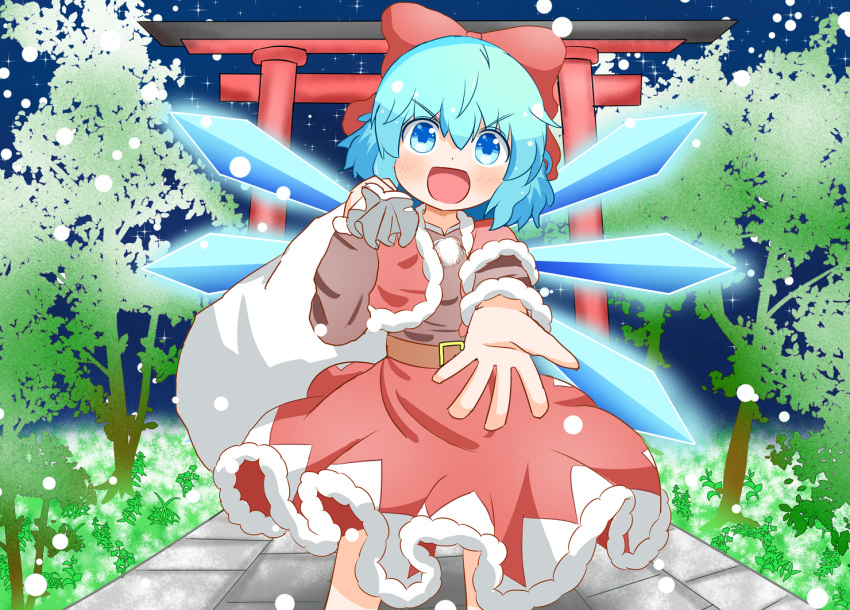 1girl :d alternate_costume bag belt blue_eyes blue_hair bow capelet christmas cirno commentary_request dress eyebrows_visible_through_hair feet_out_of_frame flat_chest hair_between_eyes hair_bow holding holding_bag ice ice_wings koruti looking_at_viewer open_hand open_mouth outstretched_arm pom_pom_(clothes) red_bow red_capelet red_dress santa_costume short_hair smile snowing solo standing torii touhou tree v-shaped_eyebrows wings