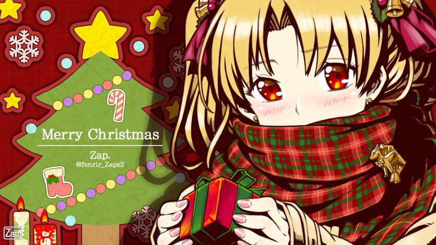 1girl artist_name bangs bell blonde_hair blush box breasts contemporary earrings ereshkigal_(fate/grand_order) fate/grand_order fate_(series) gift gift_box hair_ribbon highres jacket jewelry jingle_bell long_hair long_sleeves looking_at_viewer merry_christmas parted_bangs ribbon scarf two_side_up zap