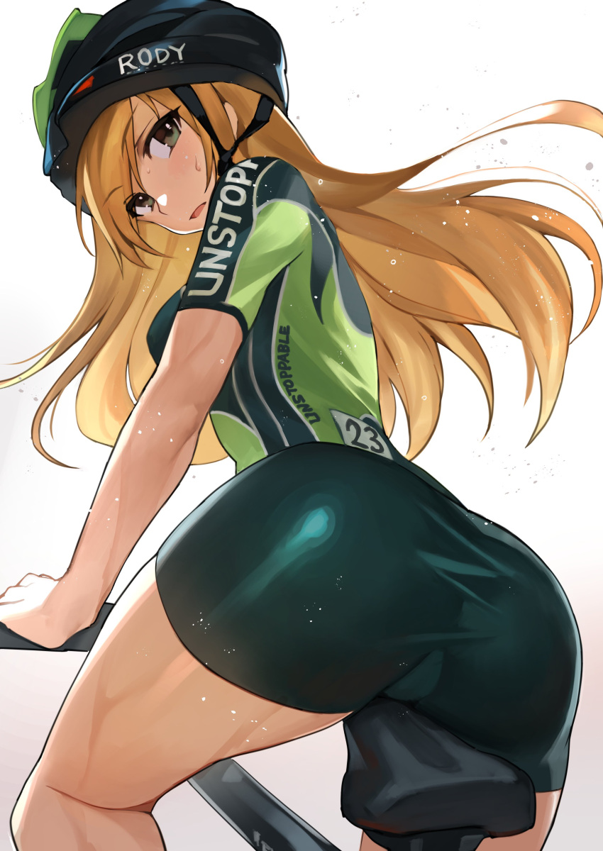 1girl absurdres ass bicycle bicycle_helmet bike_jersey bike_shorts black_shorts blonde_hair eyebrows_visible_through_hair green_eyes ground_vehicle helmet highres komeo15 long_hair looking_at_viewer looking_back original riding riding_bicycle short_sleeves shorts simple_background solo sweat white_background