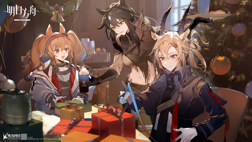 3girls :d angelina_(arknights) animal_ears arknights artist_request black_gloves black_hair black_jacket box brown_hair chinese_commentary commentary_request copyright_name crop_top earthspirit_(arknights) fox_ears gift gift_box gloves hairband highres holding holding_scissors horns horse_ears jacket long_hair meteor_(arknights) midriff multiple_girls navel official_art open_clothes open_jacket open_mouth red_eyes red_hairband scissors sidelocks smile stomach twintails