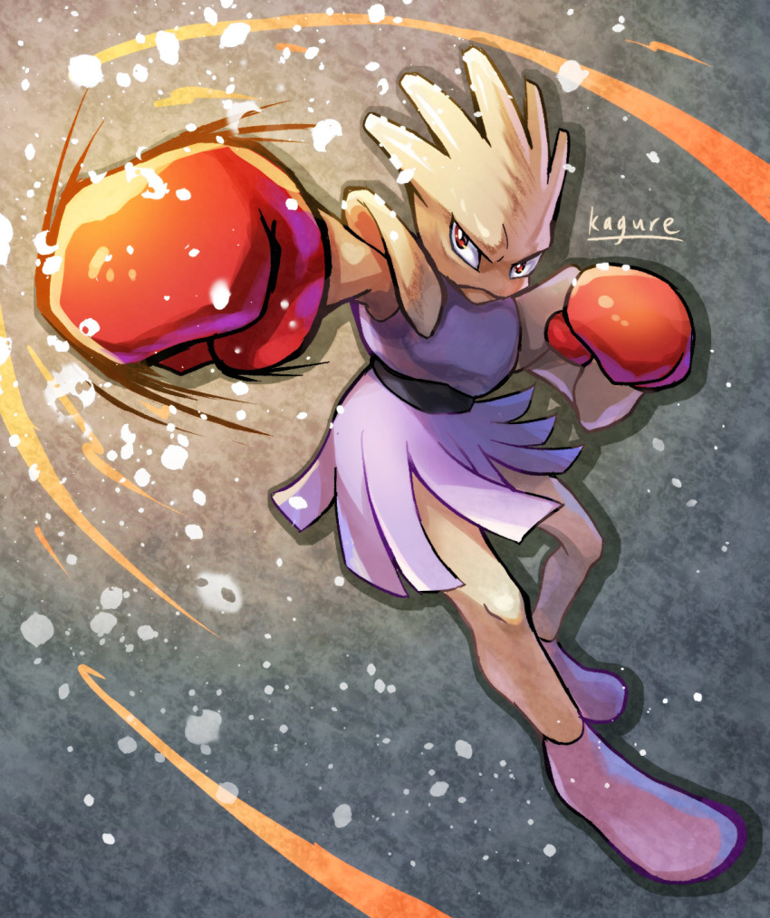 clenched_hands closed_mouth commentary_request full_body gen_1_pokemon highres hitmonchan kagure_(karaguren) knees looking_to_the_side pokemon pokemon_(creature) punching red_eyes solo