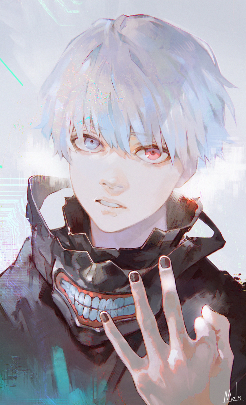 1boy absurdres artist_name bangs black_jacket black_nails blue_eyes hair_between_eyes hand_up heterochromia high_collar highres jacket kaneki_ken kyuuba_melo looking_at_viewer male_focus mask mask_removed mouth_mask red_eyes short_hair solo tokyo_ghoul upper_body white_background white_hair