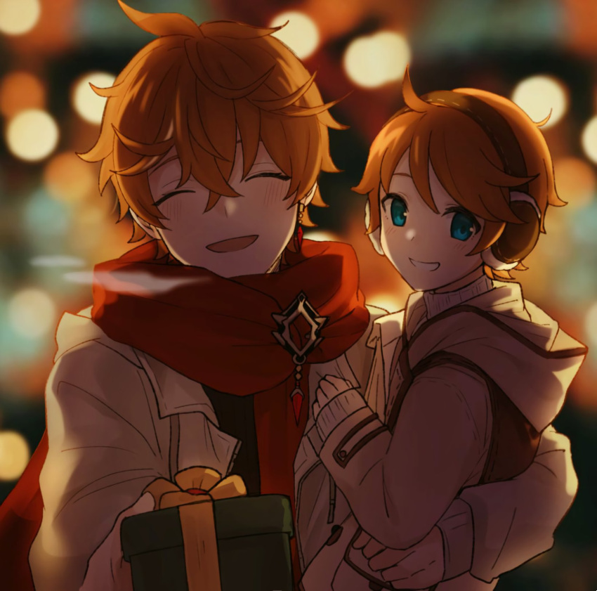 2boys alternate_costume bangs blue_eyes box breath brothers carrying child christmas closed_eyes crossed_bangs earmuffs genshin_impact gift gift_box grin hair_between_eyes highres holding holding_gift jacket jewelry korean_commentary long_sleeves male_focus marimo_jh multiple_boys open_mouth orange_hair red_scarf scarf siblings single_earring smile tartaglia_(genshin_impact) teucer_(genshin_impact)