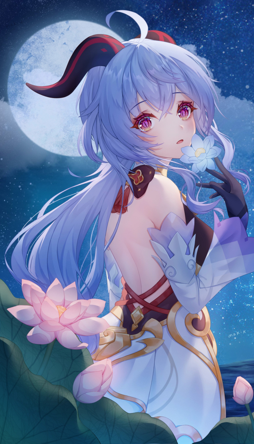 1girl :o absurdres ahoge arm_up bangs bare_shoulders blue_hair bodysuit breasts detached_sleeves facing_to_the_side flower full_moon ganyu_(genshin_impact) genshin_impact gloves goat_horns hair_between_eyes highres holding holding_flower horns long_hair long_sleeves looking_at_viewer looking_back medium_breasts moon nalukikiki night night_sky open_mouth outdoors sky slit_pupils solo star_(sky) starry_sky violet_eyes