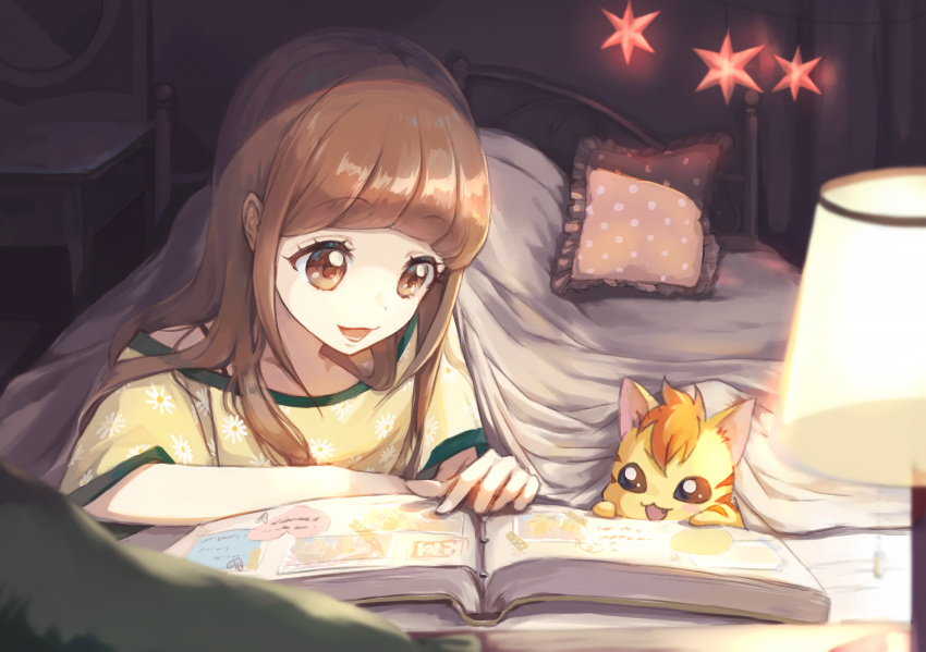 1girl bed blanket book bra_strap brown_eyes brown_hair commentary_request curtains desk_lamp eyebrows_visible_through_hair floral_print hair_down hair_over_shoulder healin'_good_precure highres hiramitsu_hinata indoors lamp long_hair looking_at_another lower_teeth lying nyatoran_(precure) on_stomach open_book open_mouth pajamas photo_(object) photo_album pillow pointing polka_dot_pillow precure rony round_teeth shared_blanket smile teeth under_covers yellow_pajamas
