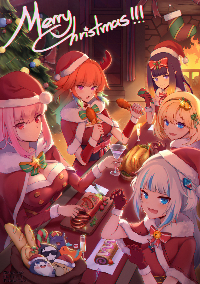 :d :o absurdres alternate_costume aqua_hair baguette bangs bell blonde_hair bloop_(gawr_gura) blue_eyes blue_hair blunt_bangs bread breasts bubba_(watson_amelia) capelet champagne_flute chicken_leg christmas christmas_tree claw_pose commentary cup death-sensei_(mori_calliope) drinking_glass english_commentary eyebrows_visible_through_hair fang fire fireplace food fork fur-trimmed_capelet fur-trimmed_gloves fur-trimmed_headwear fur_trim gawr_gura gloves gradient_hair hair_bell hair_ornament hairband hairclip hat highres hololive hololive_english huge_filesize indoors knife large_breasts long_hair looking_at_viewer merry_christmas mixed-language_commentary mori_calliope multicolored_hair neck_ribbon ninomae_ina'nis open_mouth orange_hair party_popper pink_eyes pink_hair pointy_ears pom_pom_(clothes) purple_hair red_capelet red_eyes red_gloves red_neckwear red_ribbon ribbon santa_hat short_hair sitting skin_fang smile streaked_hair table takanashi_kiara tako_(ninomae_ina'nis) turkey_(food) two-tone_hair v-shaped_eyebrows violet_eyes virtual_youtuber watson_amelia white_hair wong_y_hui_98