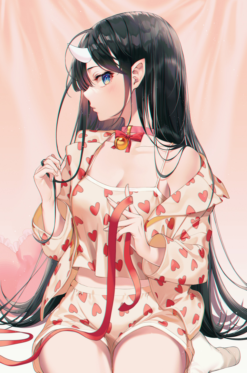 1girl bangs bare_shoulders bell bell_collar black_hair blue_eyes blush bow closed_mouth collar collarbone commentary hand_up hands_up heart heart_pillow heart_print highres holding holding_ribbon horns jingle_bell kinty long_hair long_sleeves looking_at_viewer off_shoulder oni_horns original pajamas pillow pink_collar pointy_ears red_bow red_ribbon ribbon shorts sitting solo very_long_hair