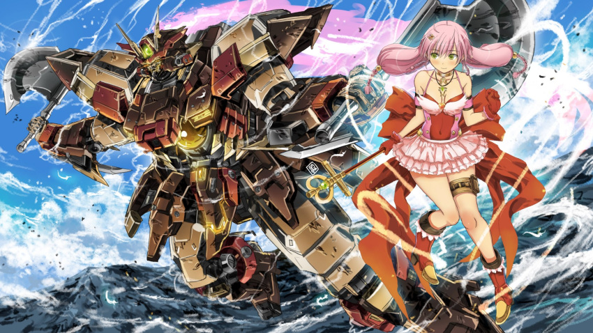 1girl axe bangs bow collarbone covered_navel dual_wielding electricity eyebrows_visible_through_hair flying garimpeiro glowing glowing_eyes highres holding holding_axe holding_staff huge_bow looking_ahead looking_to_the_side magical_girl mecha original pink_hair pink_skirt red_bow science_fiction skirt smile staff thigh_strap v-fin water waves yellow_eyes
