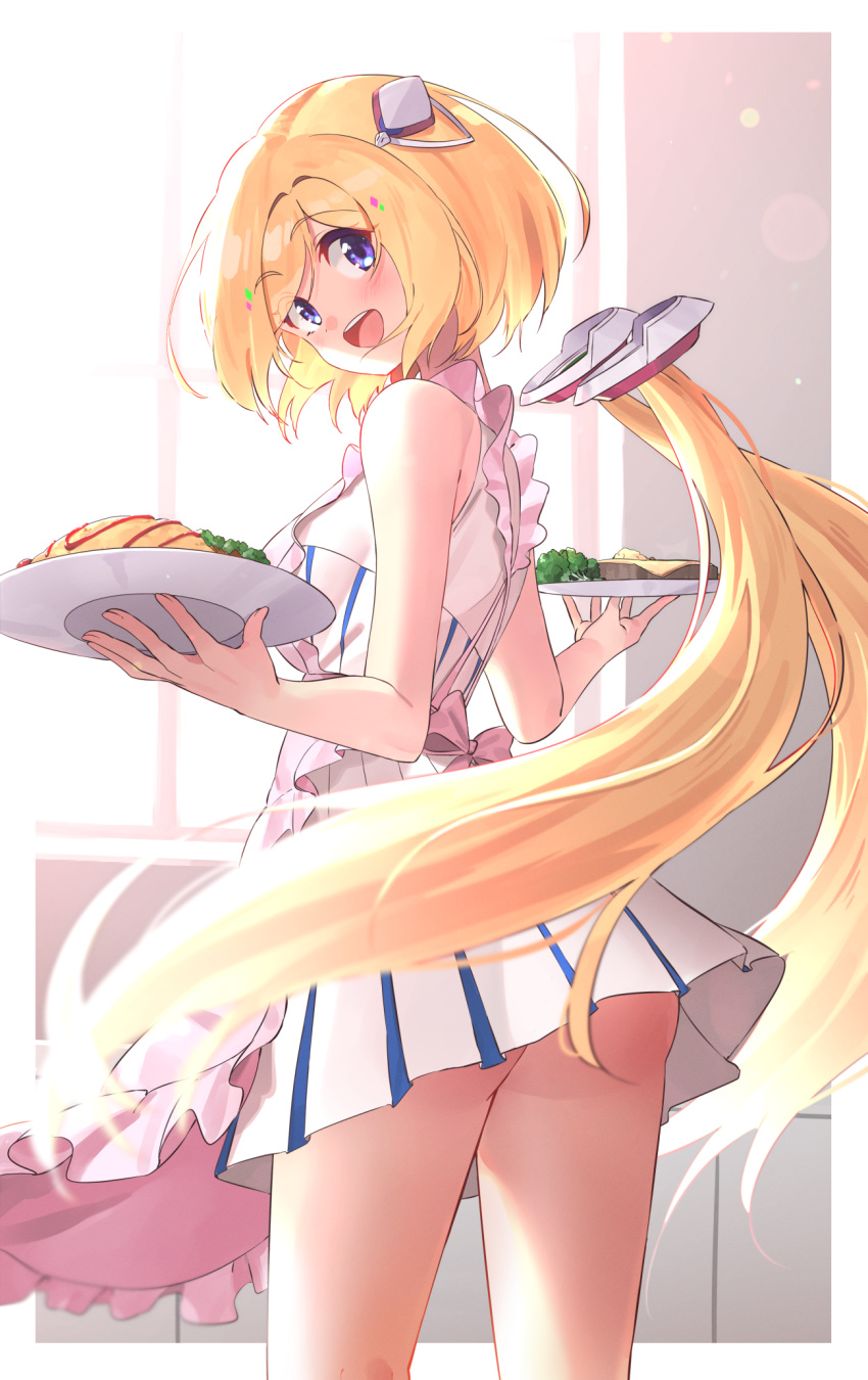1girl :d aki_rosenthal apron ass bangs bare_arms bare_legs bare_shoulders blonde_hair blush bob_cut breasts commentary cowboy_shot detached_hair dress electriccross elf eyebrows_visible_through_hair food frilled_apron frills from_behind from_side headgear highres holding holding_plate hololive looking_at_viewer low_twintails medium_breasts omurice open_mouth parted_bangs plate pleated_dress pointy_ears short_dress short_hair sleeveless sleeveless_dress smile solo sunlight twintails two-tone_dress upper_teeth violet_eyes virtual_youtuber white_dress