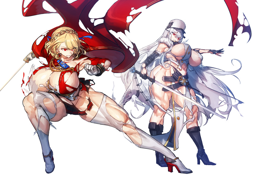 2girls azur_lane bad_anatomy belt black_gloves black_skirt blonde_hair blue_ribbon braid breasts cape capelet closed_mouth covered_nipples elbow_gloves eyebrows_visible_through_hair eyes_visible_through_hair fur-trimmed_cape fur_trim gloves hair_between_eyes hair_ribbon hat high_heels holding holding_sword holding_weapon large_breasts medium_hair melon22 multiple_girls muscular muscular_female parted_lips prince_of_wales_(azur_lane) red_cape red_eyes ribbon simple_background skirt sovetskaya_rossiya_(azur_lane) splashing sword thigh-highs torn torn_clothes weapon white_background white_capelet white_gloves white_headwear white_legwear