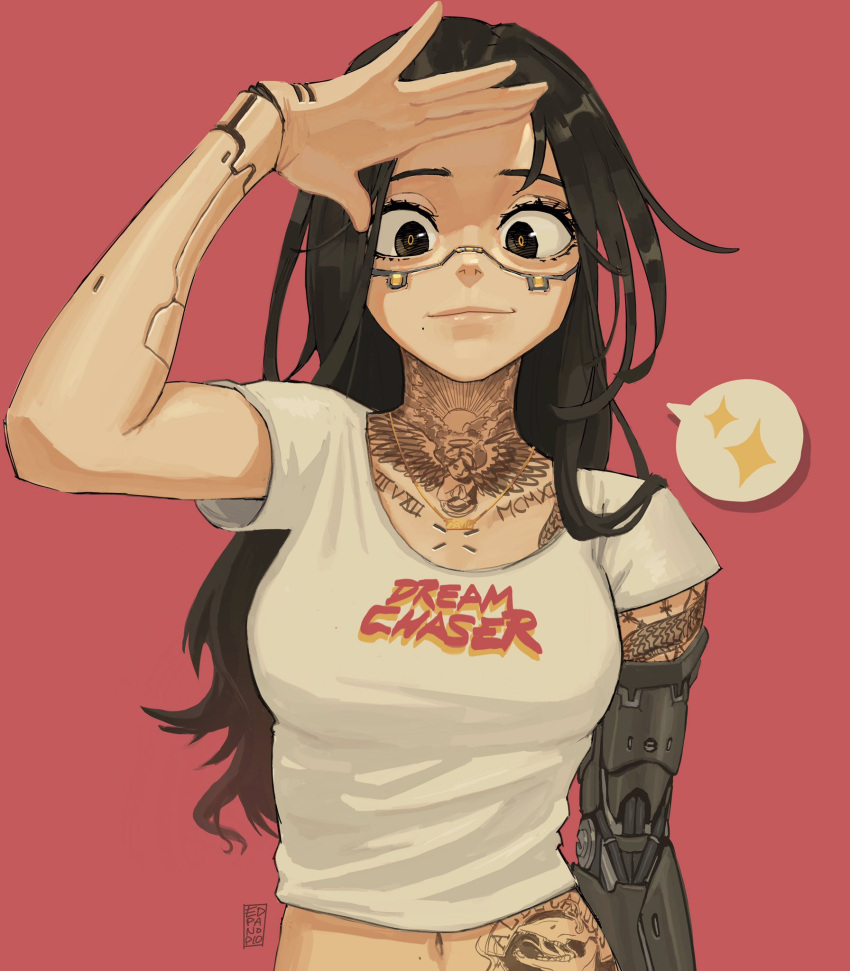 1girl black_eyes black_hair breasts cyberpunk cyberpunk_2077 cyborg edpan english_commentary graphic_shirt highres jewelry long_hair looking_at_viewer mechanical_arm medium_breasts navel necklace salute shirt smile solo sparkle speech_bubble spoken_sparkle t-shirt tattoo white_shirt