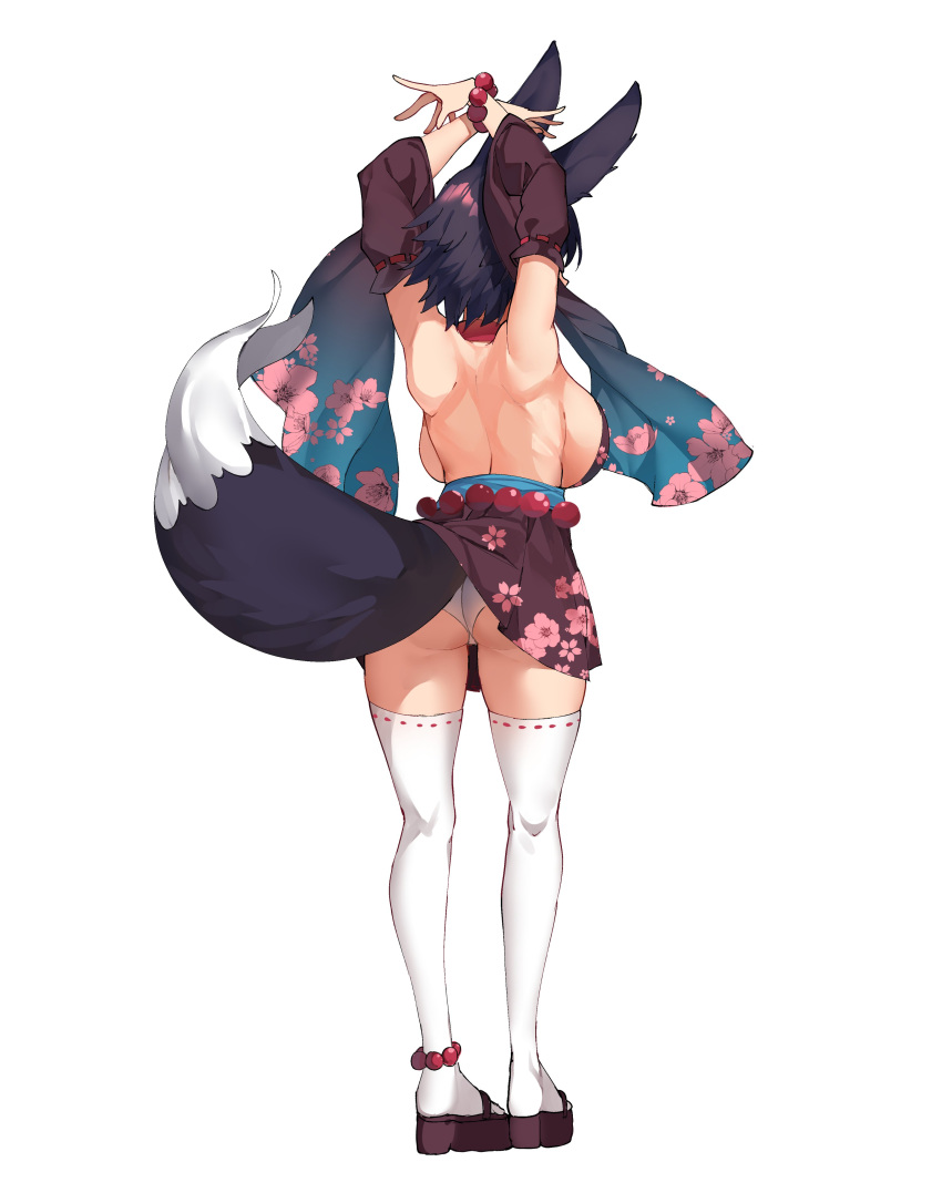1girl absurdres animal_ears arms_up ass bead_belt bead_bracelet beads black_hair bracelet breasts commission fox_ears fox_girl fox_tail from_behind highres japanese_clothes jewelry original panties panty_peek second-party_source short_hair sideboob simple_background skirt skirt_lift solo tail thigh-highs underwear vierzeck white_background white_panties