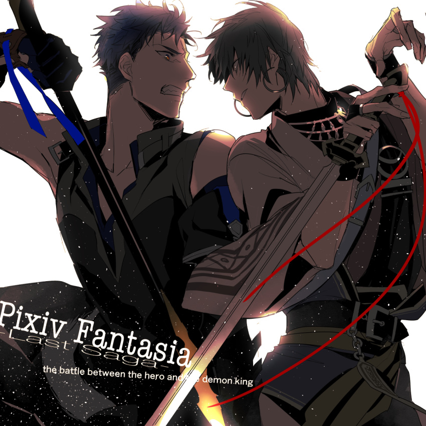 2boys belt black_gloves clenched_teeth copyright_name earrings eye_contact gloves highres holding holding_sword holding_weapon hoop_earrings jewelry krkn_ruka looking_at_another male_focus multiple_boys pixiv_fantasia pixiv_fantasia_last_saga red_ribbon ribbon sleeveless sword teeth weapon white_background