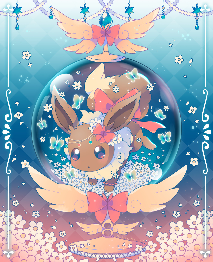 blush bow brown_eyes commentary_request eevee flower framed gen_1_pokemon highres jippe no_humans paws petals pokemon pokemon_(creature) solo star_(symbol) toes white_flower