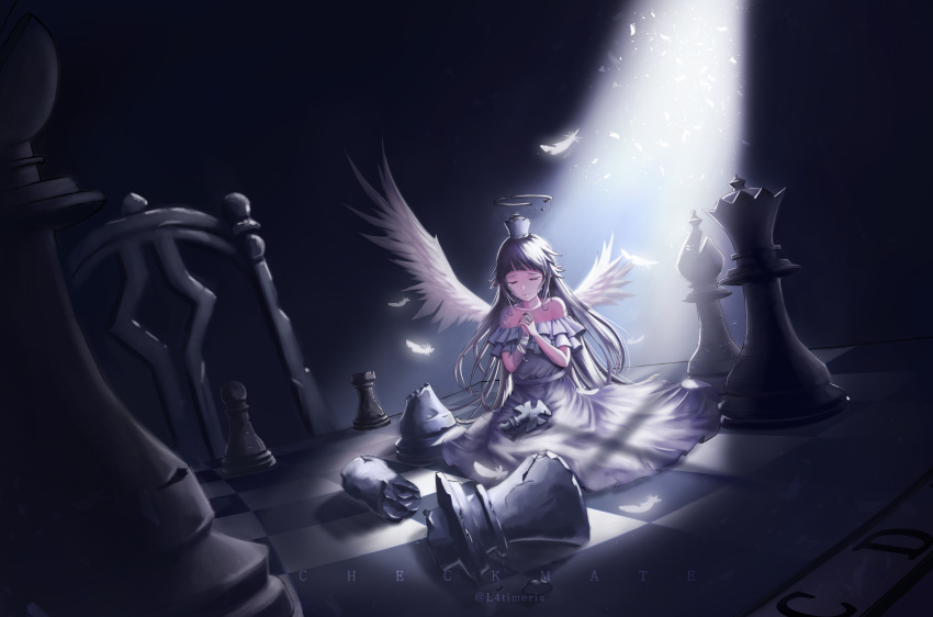 1girl absurdres angel angel_wings bandages bishop_(chess) board_game broken broken_halo chair chess chess_piece closed_eyes cracked_skin crying dress feathers halo highres king_(chess) l4timeria long_hair original queen_(chess) rook_(chess) white_dress white_hair wings