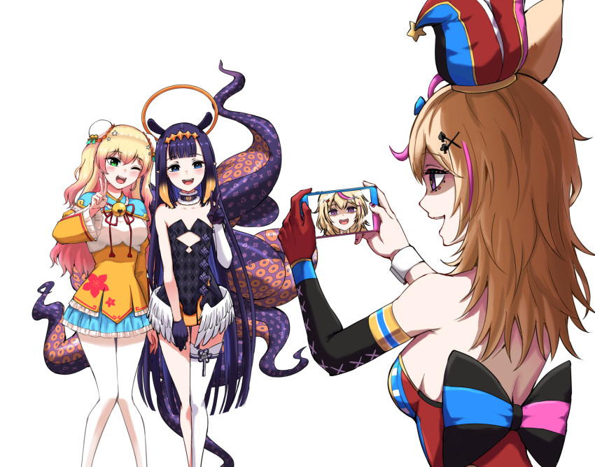 3girls animal_ears back bare_legs bell black_bow black_leotard blonde_hair blue_capelet blue_eyes blue_skirt blush bow breasts bun_cover capelet cellphone china_dress chinese_clothes club_hair_ornament commentary cowboy_shot deception detached_sleeves double_bun dress eyebrows_visible_through_hair eyelashes facepaint floral_print fox_ears gloves gradient_hair green_eyes hair_between_eyes hair_ornament halo hat highres holding holding_phone hololive hololive_english jester_cap knees_together_feet_apart leotard lolita_fashion long_hair medium_breasts miniskirt momosuzu_nene multicolored_hair multiple_girls nail_polish ninomae_ina'nis off-shoulder_dress off_shoulder omaru_polka open_mouth orange_hair pantyhose phone pink_hair pose purple_gloves purple_hair purple_nails qi_lolita red_gloves self_shot shaded_face side-by-side simple_background single_glove single_sleeve single_thighhigh skirt small_breasts smartphone smile spade_hair_ornament standing straight_hair streaked_hair taking_picture teeth tentacle_hair tentacles thigh-highs tiara two-tone_hair two_side_up v violet_eyes virtual_youtuber white_background white_legwear wings wrist_cuffs x_hair_ornament yuu201023