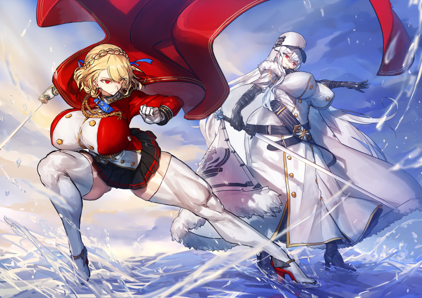 2girls azur_lane bad_anatomy belt black_gloves black_skirt blonde_hair blue_ribbon braid breasts cape capelet closed_mouth covered_nipples elbow_gloves eyebrows_visible_through_hair eyes_visible_through_hair fur-trimmed_cape fur_trim gloves hair_between_eyes hair_ribbon hat high_heels holding holding_sword holding_weapon large_breasts medium_hair melon22 multiple_girls muscular muscular_female outdoors parted_lips prince_of_wales_(azur_lane) red_cape red_eyes ribbon skirt sovetskaya_rossiya_(azur_lane) splashing sword thigh-highs water weapon white_capelet white_gloves white_headwear white_legwear