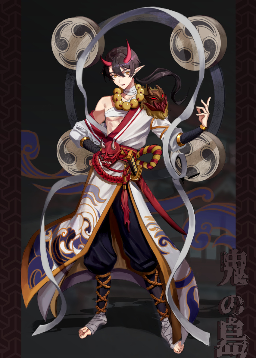 1boy absurdres armor bandaged_feet bandaged_neck bandages bare_shoulders bead_necklace beads brown_hair chap_yun eyebrows_visible_through_hair hair_between_eyes hand_on_hip highres horns huge_filesize jewelry katana long_hair magatama male_focus mask mask_removed necklace off_shoulder oni oni_horns open_mouth original pauldrons pointy_ears red_horns scabbard sheath sheathed shoulder_armor single_pauldron solo standing sword toenails weapon yellow_eyes