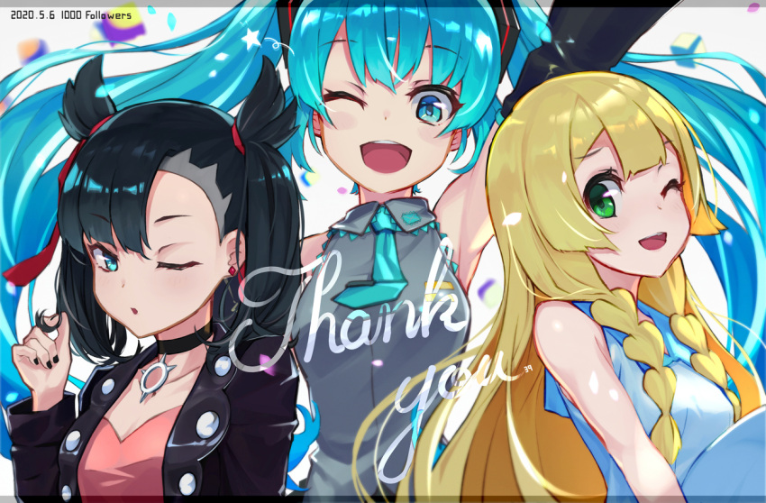 3girls ;d aqua_eyes aqua_hair aqua_neckwear arm_up asymmetrical_bangs asymmetrical_hair bangs black_choker black_hair black_jacket black_nails black_sleeves blonde_hair braid choker collared_dress collared_shirt commentary_request crossover dated detached_sleeves dress dusk_ball earrings english_text eyebrows_visible_through_hair fumi_t204 green_eyes grey_shirt hair_ornament hair_ribbon hand_in_hair hatsune_miku jacket jewelry lillie_(pokemon) long_hair looking_at_viewer marnie_(pokemon) medium_hair milestone_celebration multiple_girls nail_polish necktie one_eye_closed open_clothes open_jacket open_mouth parted_lips pink_dress poke_ball pokemon pokemon_(game) pokemon_sm pokemon_swsh red_ribbon ribbon shirt sleeveless sleeveless_shirt smile star_(symbol) thank_you twin_braids twintails undercut very_long_hair white_dress