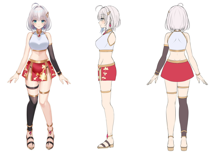 1girl anklet bracelet character_sheet earrings full_body hair_ornament hairclip harimoji highres jewelry kazuki_mikuru miniskirt official_art panty_straps pro_production shirt silver_hair single_thighhigh skirt sleeveless sleeveless_shirt thigh-highs virtual_youtuber white_shirt