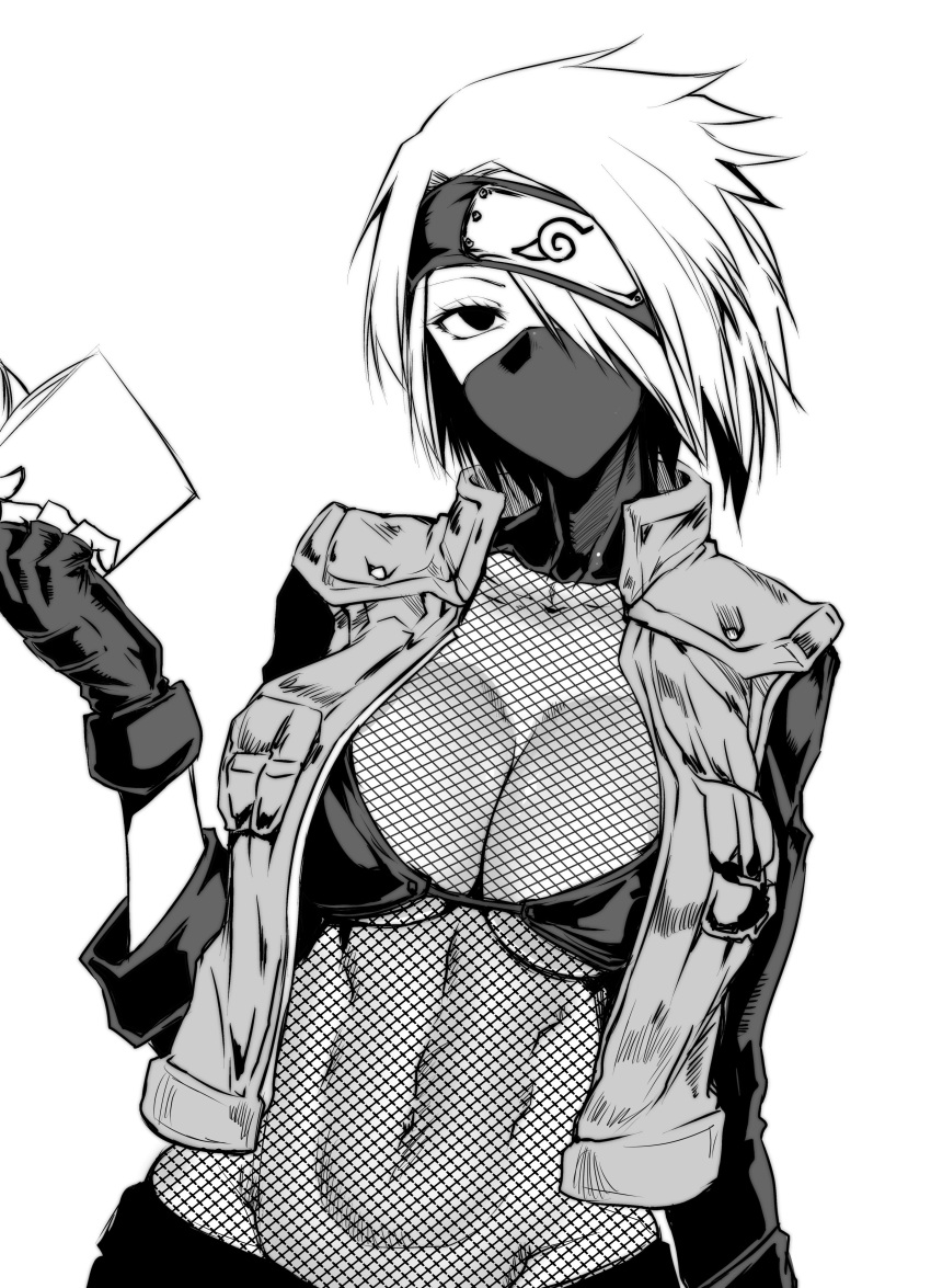1girl absurdres book collarbone fingerless_gloves fishnets genderswap genderswap_(mtf) gggg gloves greyscale hair_over_one_eye hatake_kakashi hatching_(texture) headband highres holding holding_book mask monochrome mouth_mask naruto_(series) navel open_book short_hair simple_background solo white_background