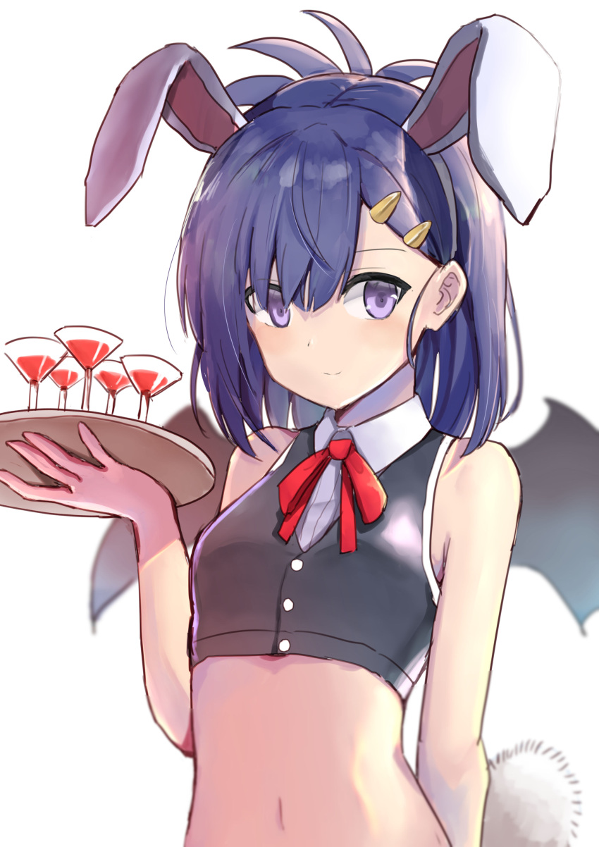 1girl absurdres alcohol animal_ears blue_hair blush breasts bunny_tail closed_mouth crop_top cup demon_girl demon_wings drinking_glass eyebrows fake_animal_ears fake_tail gabriel_dropout hair_ornament hairclip highres holding holding_tray looking_at_viewer navel rabbit_ears red_ribbon ribbon short_hair small_breasts smile solo tail tenma-gav tray tsukinose_vignette_april upper_body violet_eyes wine wine_glass wings