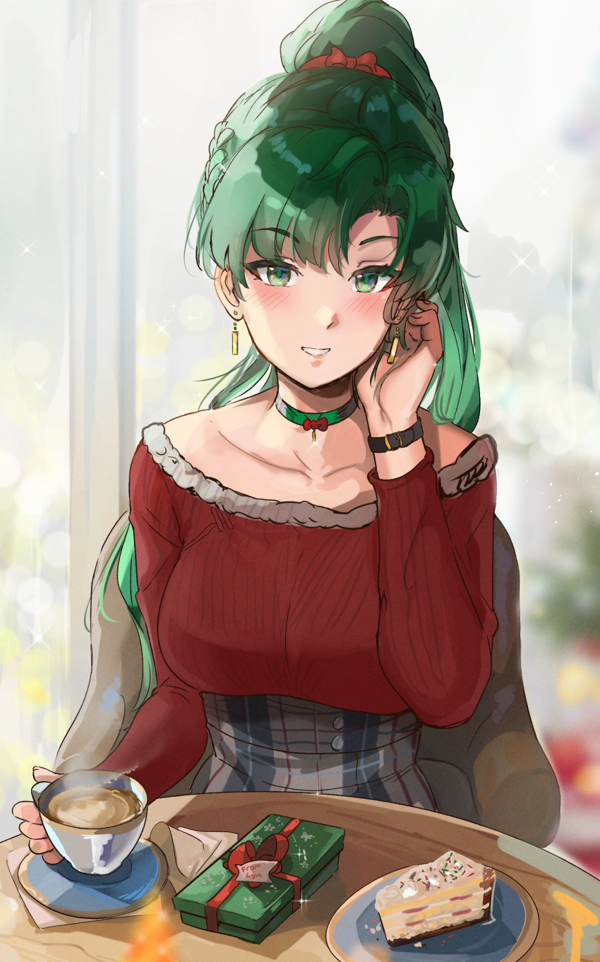 1girl bangs blurry blurry_background blush box breasts cake cake_slice chair choker collarbone cup earrings eyebrows_visible_through_hair fire_emblem fire_emblem:_the_blazing_blade food fur_trim gift gift_box green_eyes green_hair hair_ornament hand_up highres indoors jewelry lips long_hair long_sleeves looking_at_viewer lyn_(fire_emblem) medium_breasts ormille parted_lips ponytail shiny shiny_hair simple_background sitting smile solo sparkle steam table teacup tied_hair upper_body watch watch