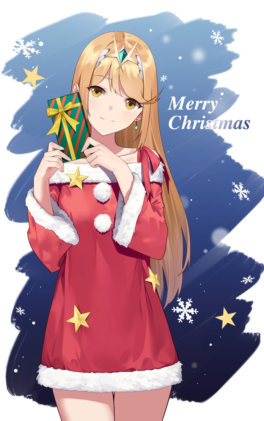 1girl absurdres alternate_costume bare_shoulders blonde_hair blue_background blush closed_mouth collarbone cowboy_shot dress earrings evan_(pixiv7510743) fur-trimmed_dress fur_trim gift gradient gradient_background highres holding holding_gift jewelry long_hair long_sleeves looking_at_viewer merry_christmas mythra_(xenoblade) off-shoulder_dress off_shoulder red_ribbon ribbon santa_costume santa_dress smile snowflakes star_(symbol) straight_hair thigh_gap tiara very_long_hair xenoblade_chronicles_(series) xenoblade_chronicles_2 yellow_eyes yellow_ribbon